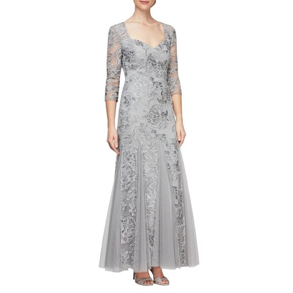 Alex Evenings Floral Embroidered Gown, Size 12 in Silver
